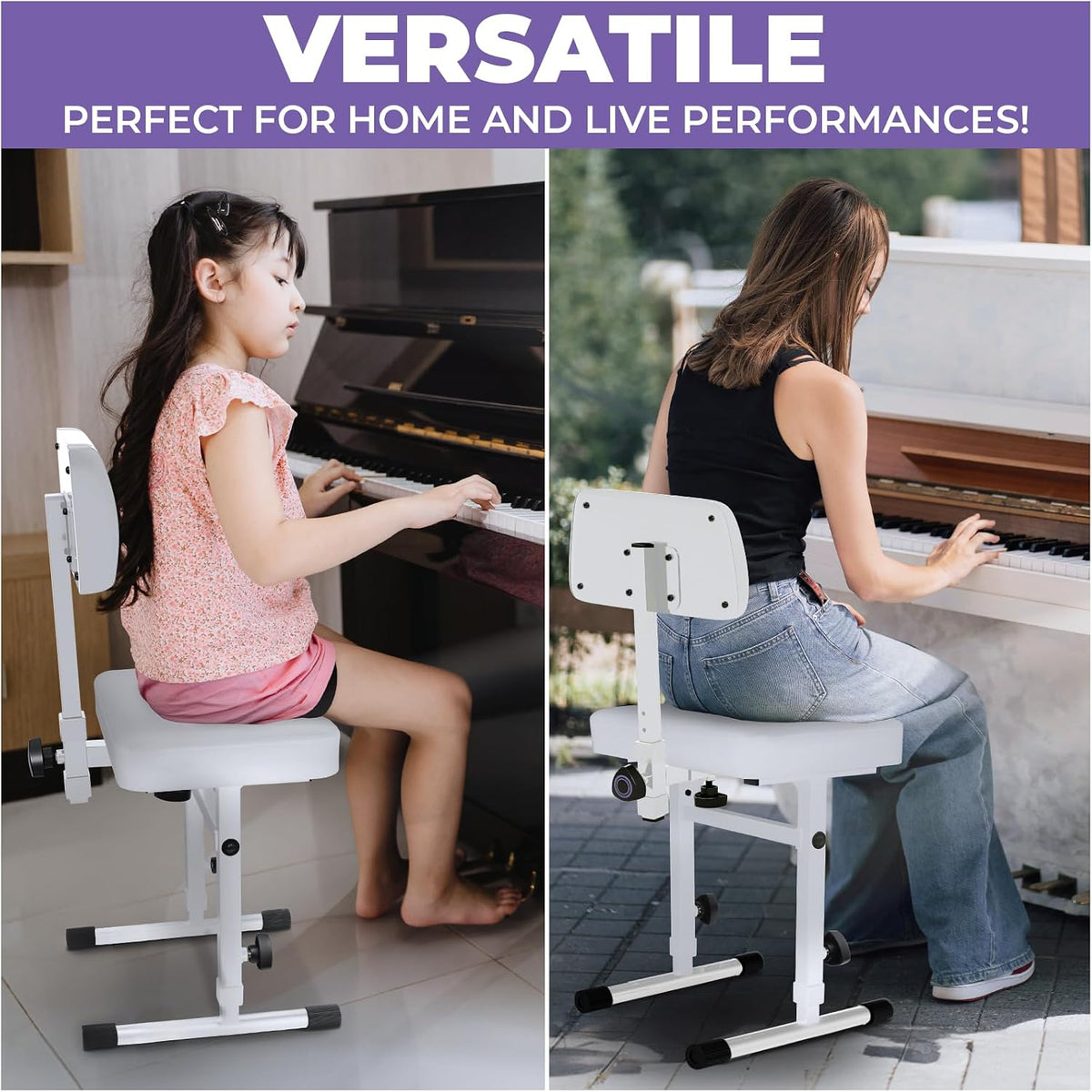 Piano Bench Adjustable Stool – Music Keyboard Bench with Backrest Seat for Piano Keyboard Stand with Black Padded Cushion for Musicians Piano Stool Chair