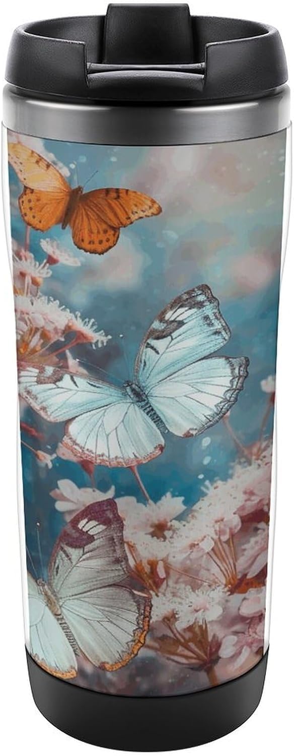 13oz Insulated Travel Coffee Mug Reusable Coffee Cup Water Bottle | A Group of Butterflies Flying Travel Mug with Leak Proof Lid Double Wall Stainless Steel Coffee Tumbler Personalized Gift