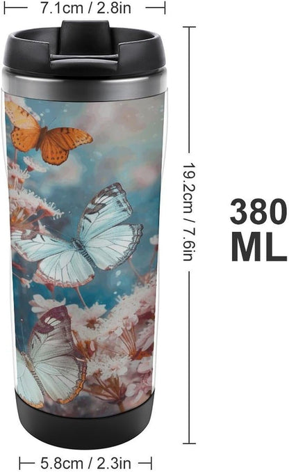 13oz Insulated Travel Coffee Mug Reusable Coffee Cup Water Bottle | A Group of Butterflies Flying Travel Mug with Leak Proof Lid Double Wall Stainless Steel Coffee Tumbler Personalized Gift