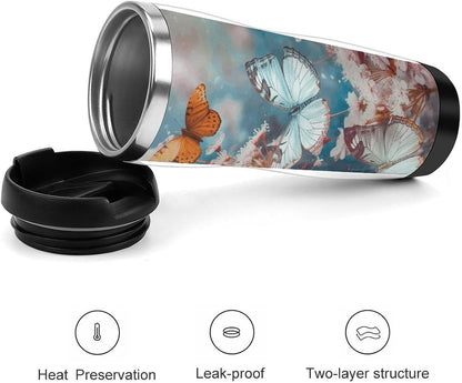 13oz Insulated Travel Coffee Mug Reusable Coffee Cup Water Bottle | A Group of Butterflies Flying Travel Mug with Leak Proof Lid Double Wall Stainless Steel Coffee Tumbler Personalized Gift