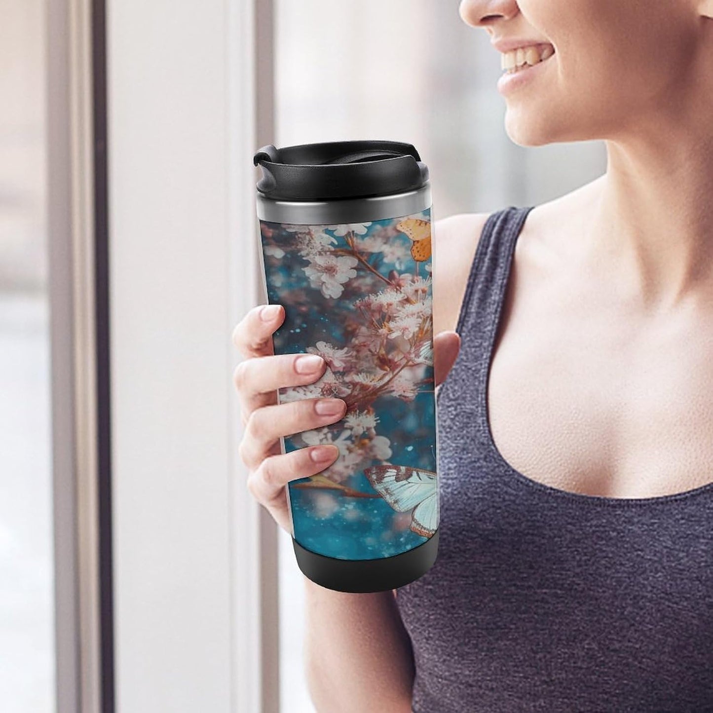 13oz Insulated Travel Coffee Mug Reusable Coffee Cup Water Bottle | A Group of Butterflies Flying Travel Mug with Leak Proof Lid Double Wall Stainless Steel Coffee Tumbler Personalized Gift