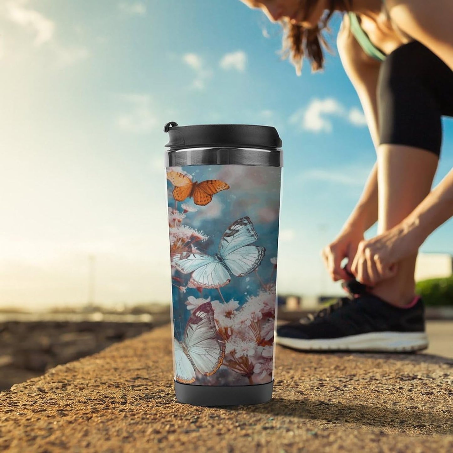 13oz Insulated Travel Coffee Mug Reusable Coffee Cup Water Bottle | A Group of Butterflies Flying Travel Mug with Leak Proof Lid Double Wall Stainless Steel Coffee Tumbler Personalized Gift