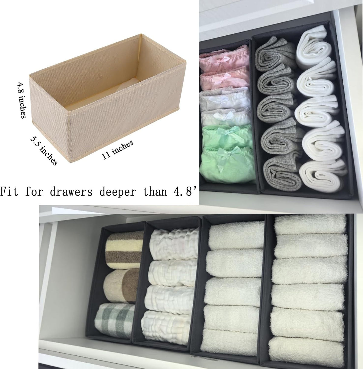 Drawer Organizer Set of 4- Fabric Storage Bins for Clothes, Underwear, Socks & Bras - 11" Dresser Dividers for Bedroom Closet