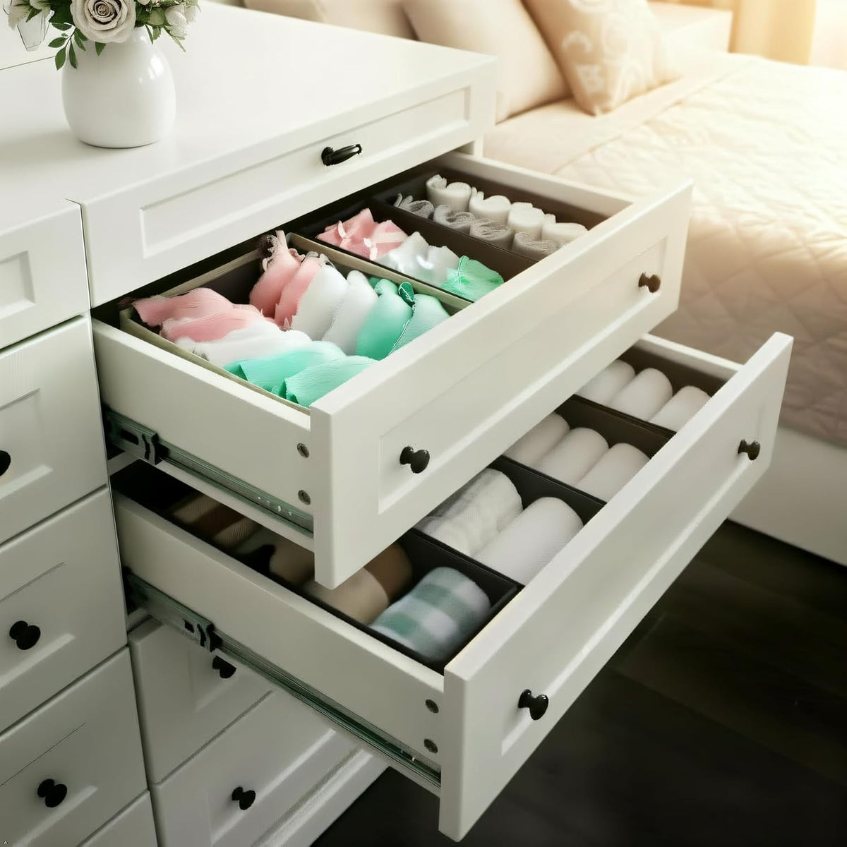 Drawer Organizer Set of 4- Fabric Storage Bins for Clothes, Underwear, Socks & Bras - 11" Dresser Dividers for Bedroom Closet
