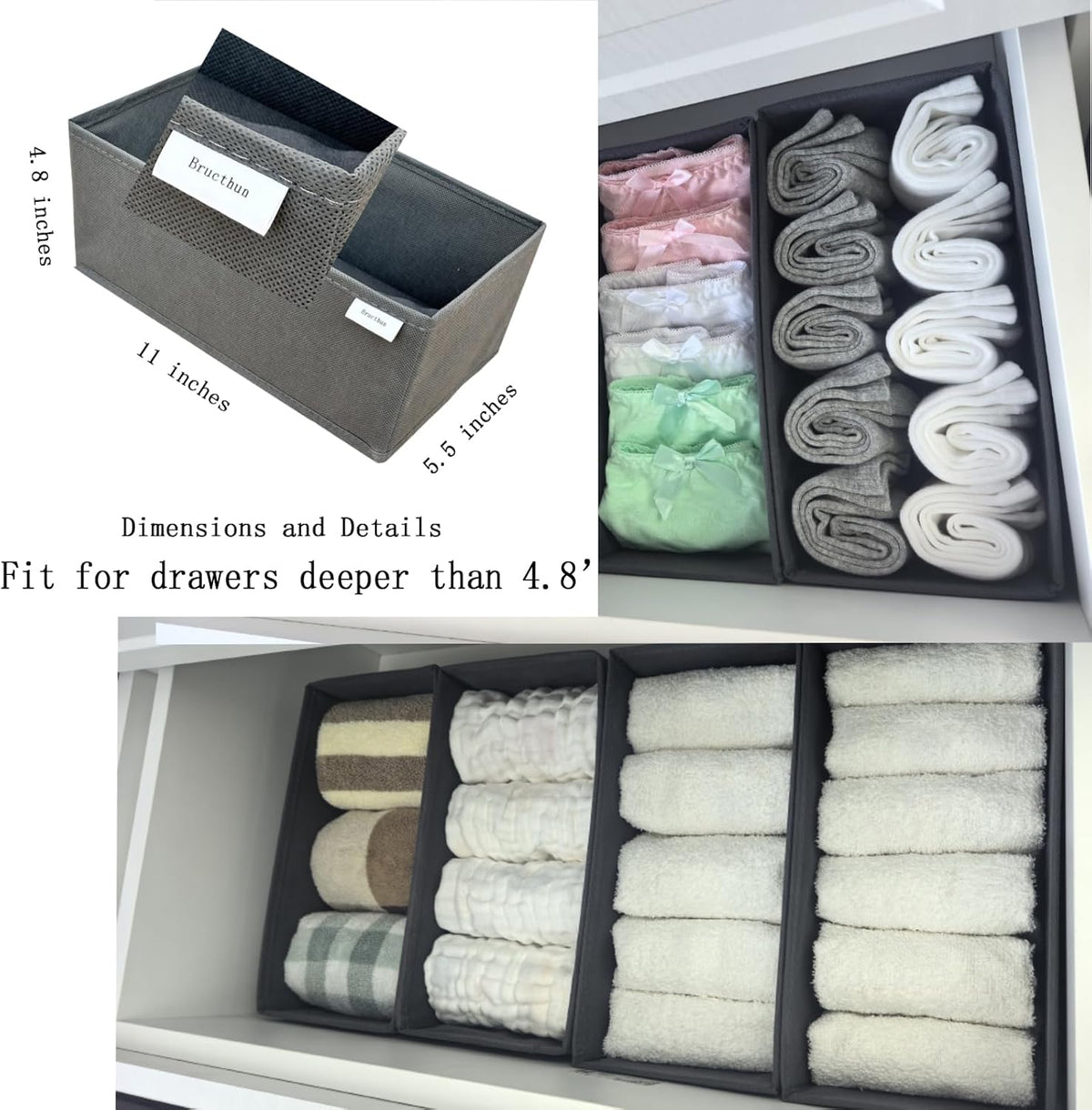 Drawer Organizer Set of 4- Fabric Storage Bins for Clothes, Underwear, Socks & Bras - 11" Dresser Dividers for Bedroom Closet