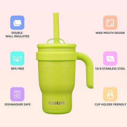 14 oz Insulated Water Bottle with Handle & Straw, Stainless Steel | Double Wall Vacuum, Leak Proof, Sweatproof, Wide Mouth, BPA Free, Dishwasher Safe, Keeps Cold/Hot, Travel, Green
