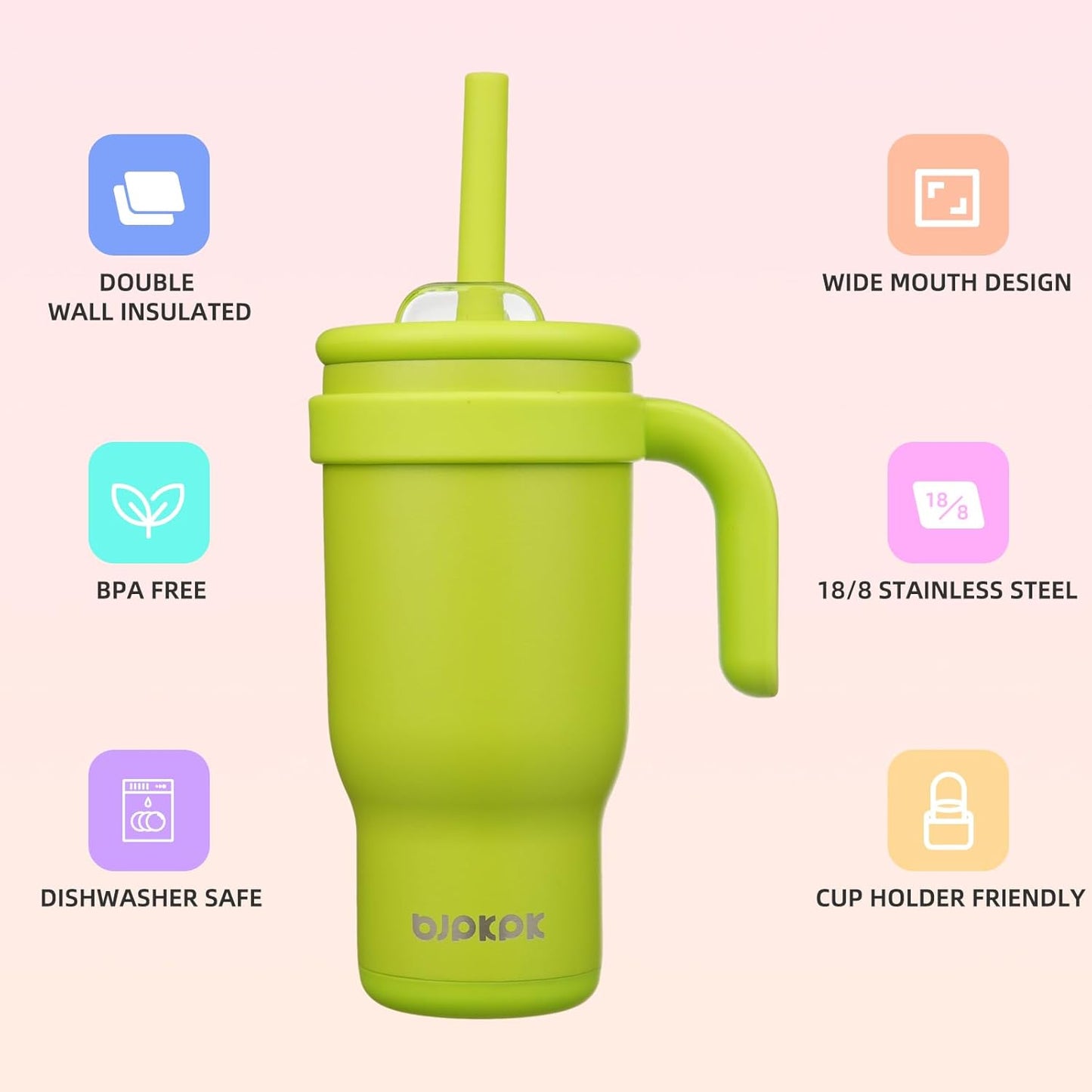 14 oz Insulated Water Bottle with Handle & Straw, Stainless Steel | Double Wall Vacuum, Leak Proof, Sweatproof, Wide Mouth, BPA Free, Dishwasher Safe, Keeps Cold/Hot, Travel, Green