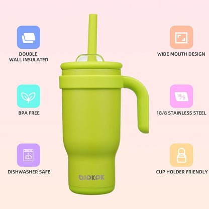 14 oz Insulated Water Bottle with Handle & Straw, Stainless Steel | Double Wall Vacuum, Leak Proof, Sweatproof, Wide Mouth, BPA Free, Dishwasher Safe, Keeps Cold/Hot, Travel, Green