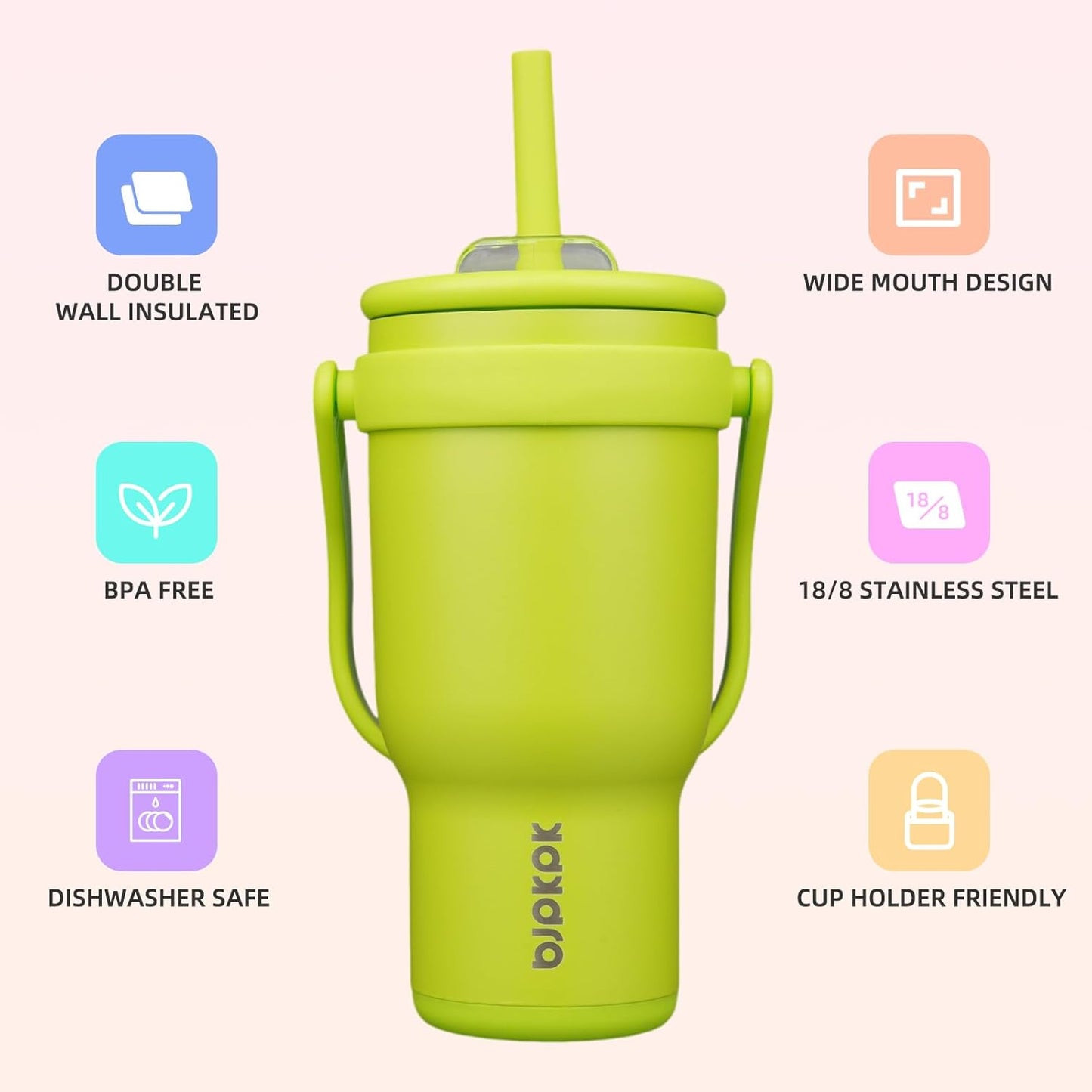14 oz Insulated Water Bottle with Handle & Straw, Stainless Steel | Double Wall Vacuum, Leak Proof, Sweatproof, Wide Mouth, BPA Free, Dishwasher Safe, Keeps Cold/Hot, Travel, Green