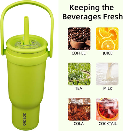 14 oz Insulated Water Bottle with Handle & Straw, Stainless Steel | Double Wall Vacuum, Leak Proof, Sweatproof, Wide Mouth, BPA Free, Dishwasher Safe, Keeps Cold/Hot, Travel, Green