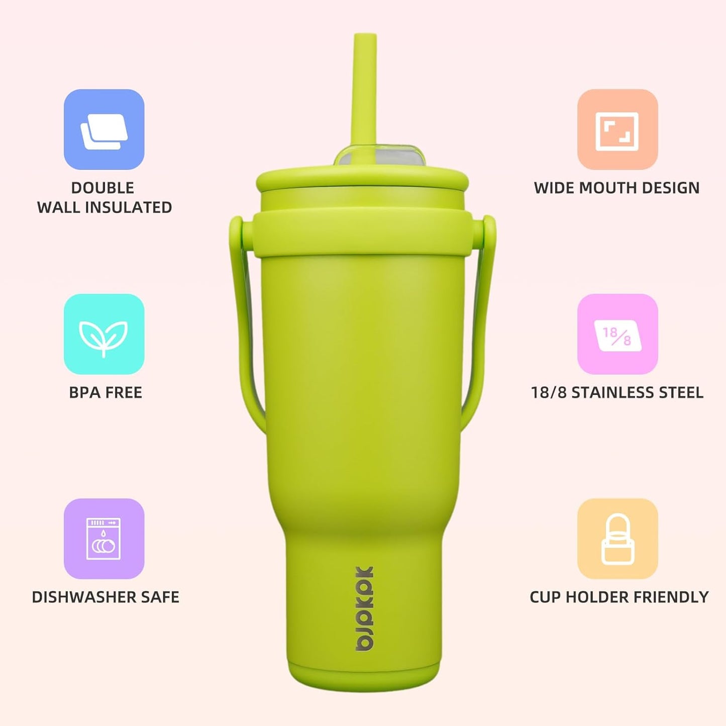 14 oz Insulated Water Bottle with Handle & Straw, Stainless Steel | Double Wall Vacuum, Leak Proof, Sweatproof, Wide Mouth, BPA Free, Dishwasher Safe, Keeps Cold/Hot, Travel, Green