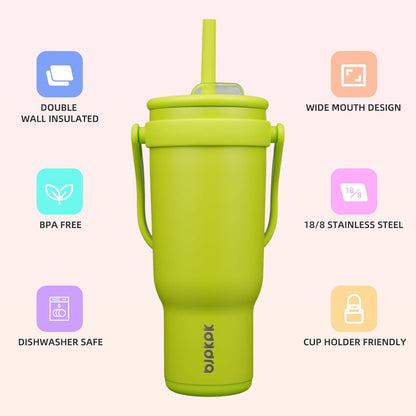 14 oz Insulated Water Bottle with Handle & Straw, Stainless Steel | Double Wall Vacuum, Leak Proof, Sweatproof, Wide Mouth, BPA Free, Dishwasher Safe, Keeps Cold/Hot, Travel, Green