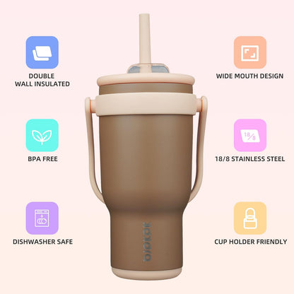 14 oz Insulated Water Bottle with Handle & Straw, Stainless Steel | Double Wall Vacuum, Leak Proof, Sweatproof, Wide Mouth, BPA Free, Dishwasher Safe, Keeps Cold/Hot, Travel, Green