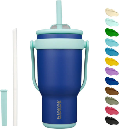 14 oz Insulated Water Bottle with Handle & Straw, Stainless Steel | Double Wall Vacuum, Leak Proof, Sweatproof, Wide Mouth, BPA Free, Dishwasher Safe, Keeps Cold/Hot, Travel, Green