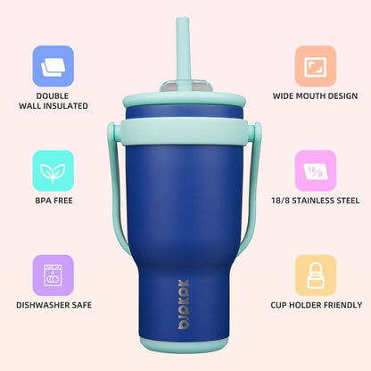 14 oz Insulated Water Bottle with Handle & Straw, Stainless Steel | Double Wall Vacuum, Leak Proof, Sweatproof, Wide Mouth, BPA Free, Dishwasher Safe, Keeps Cold/Hot, Travel, Green