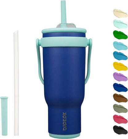 14 oz Insulated Water Bottle with Handle & Straw, Stainless Steel | Double Wall Vacuum, Leak Proof, Sweatproof, Wide Mouth, BPA Free, Dishwasher Safe, Keeps Cold/Hot, Travel, Green