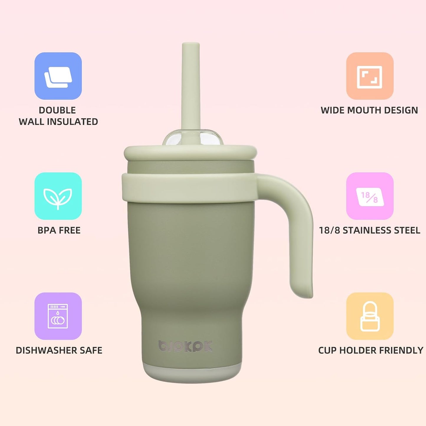 14 oz Insulated Water Bottle with Handle & Straw, Stainless Steel | Double Wall Vacuum, Leak Proof, Sweatproof, Wide Mouth, BPA Free, Dishwasher Safe, Keeps Cold/Hot, Travel, Green