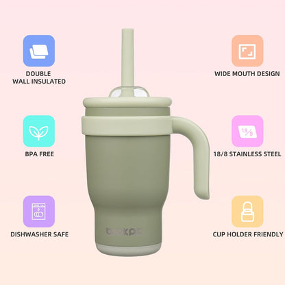14 oz Insulated Water Bottle with Handle & Straw, Stainless Steel | Double Wall Vacuum, Leak Proof, Sweatproof, Wide Mouth, BPA Free, Dishwasher Safe, Keeps Cold/Hot, Travel, Green