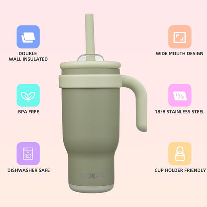 14 oz Insulated Water Bottle with Handle & Straw, Stainless Steel | Double Wall Vacuum, Leak Proof, Sweatproof, Wide Mouth, BPA Free, Dishwasher Safe, Keeps Cold/Hot, Travel, Green