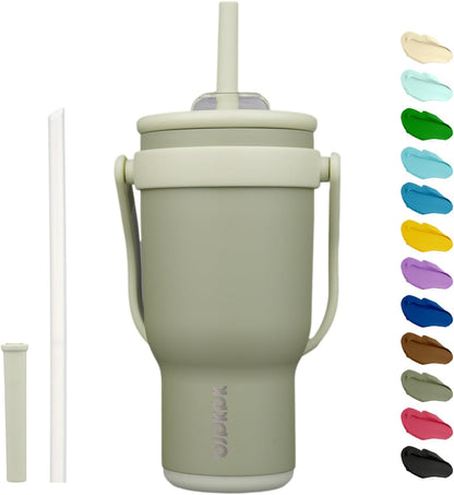 14 oz Insulated Water Bottle with Handle & Straw, Stainless Steel | Double Wall Vacuum, Leak Proof, Sweatproof, Wide Mouth, BPA Free, Dishwasher Safe, Keeps Cold/Hot, Travel, Green