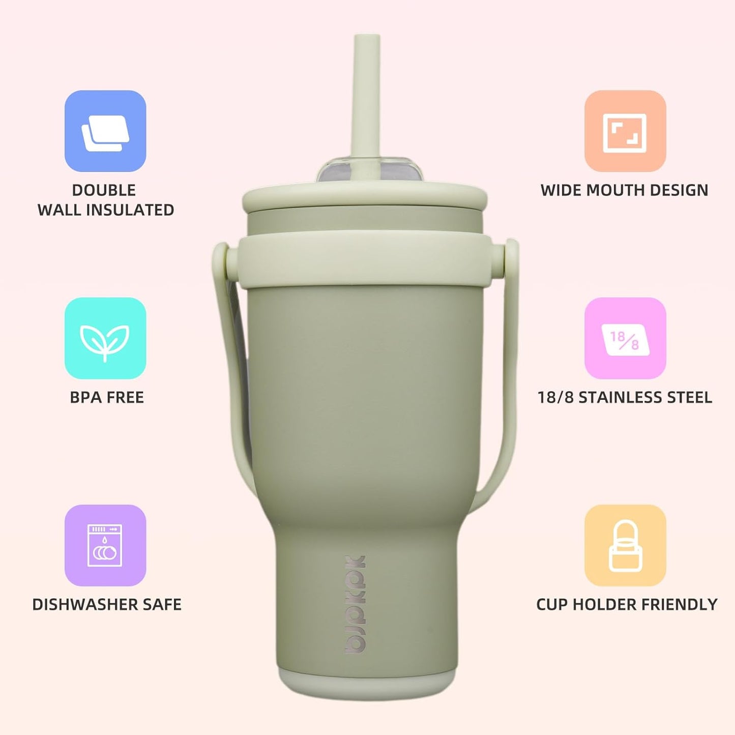 14 oz Insulated Water Bottle with Handle & Straw, Stainless Steel | Double Wall Vacuum, Leak Proof, Sweatproof, Wide Mouth, BPA Free, Dishwasher Safe, Keeps Cold/Hot, Travel, Green