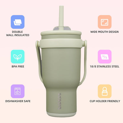 14 oz Insulated Water Bottle with Handle & Straw, Stainless Steel | Double Wall Vacuum, Leak Proof, Sweatproof, Wide Mouth, BPA Free, Dishwasher Safe, Keeps Cold/Hot, Travel, Green