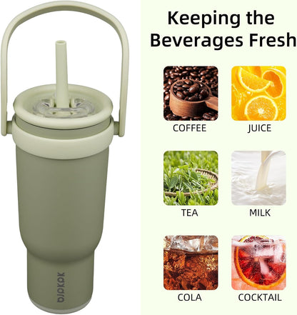 14 oz Insulated Water Bottle with Handle & Straw, Stainless Steel | Double Wall Vacuum, Leak Proof, Sweatproof, Wide Mouth, BPA Free, Dishwasher Safe, Keeps Cold/Hot, Travel, Green