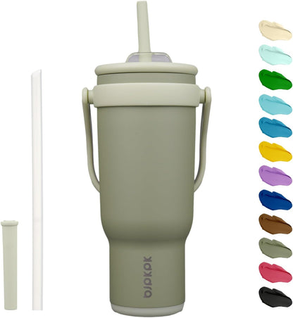 14 oz Insulated Water Bottle with Handle & Straw, Stainless Steel | Double Wall Vacuum, Leak Proof, Sweatproof, Wide Mouth, BPA Free, Dishwasher Safe, Keeps Cold/Hot, Travel, Green