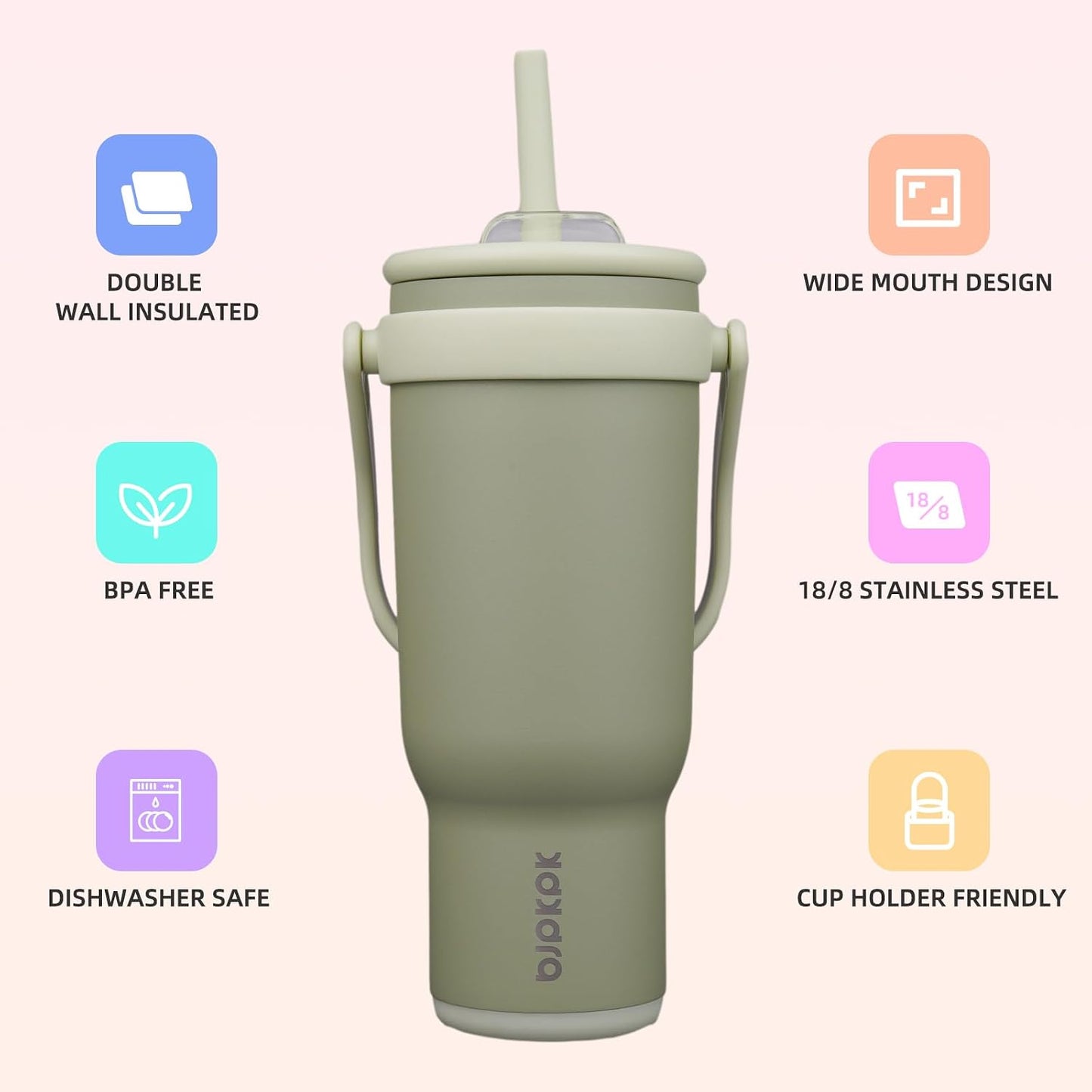 14 oz Insulated Water Bottle with Handle & Straw, Stainless Steel | Double Wall Vacuum, Leak Proof, Sweatproof, Wide Mouth, BPA Free, Dishwasher Safe, Keeps Cold/Hot, Travel, Green