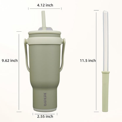 14 oz Insulated Water Bottle with Handle & Straw, Stainless Steel | Double Wall Vacuum, Leak Proof, Sweatproof, Wide Mouth, BPA Free, Dishwasher Safe, Keeps Cold/Hot, Travel, Green
