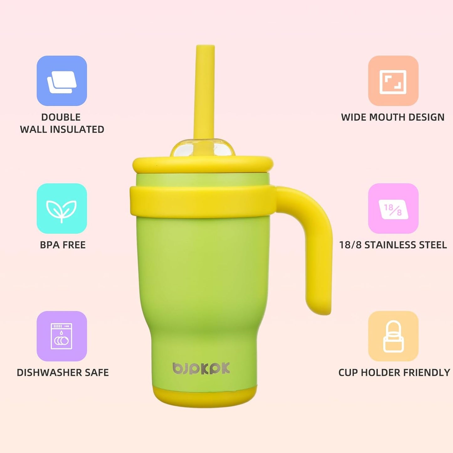 14 oz Insulated Water Bottle with Handle & Straw, Stainless Steel | Double Wall Vacuum, Leak Proof, Sweatproof, Wide Mouth, BPA Free, Dishwasher Safe, Keeps Cold/Hot, Travel, Green