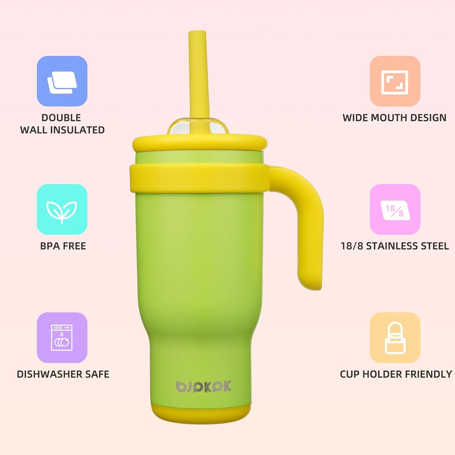 14 oz Insulated Water Bottle with Handle & Straw, Stainless Steel | Double Wall Vacuum, Leak Proof, Sweatproof, Wide Mouth, BPA Free, Dishwasher Safe, Keeps Cold/Hot, Travel, Green