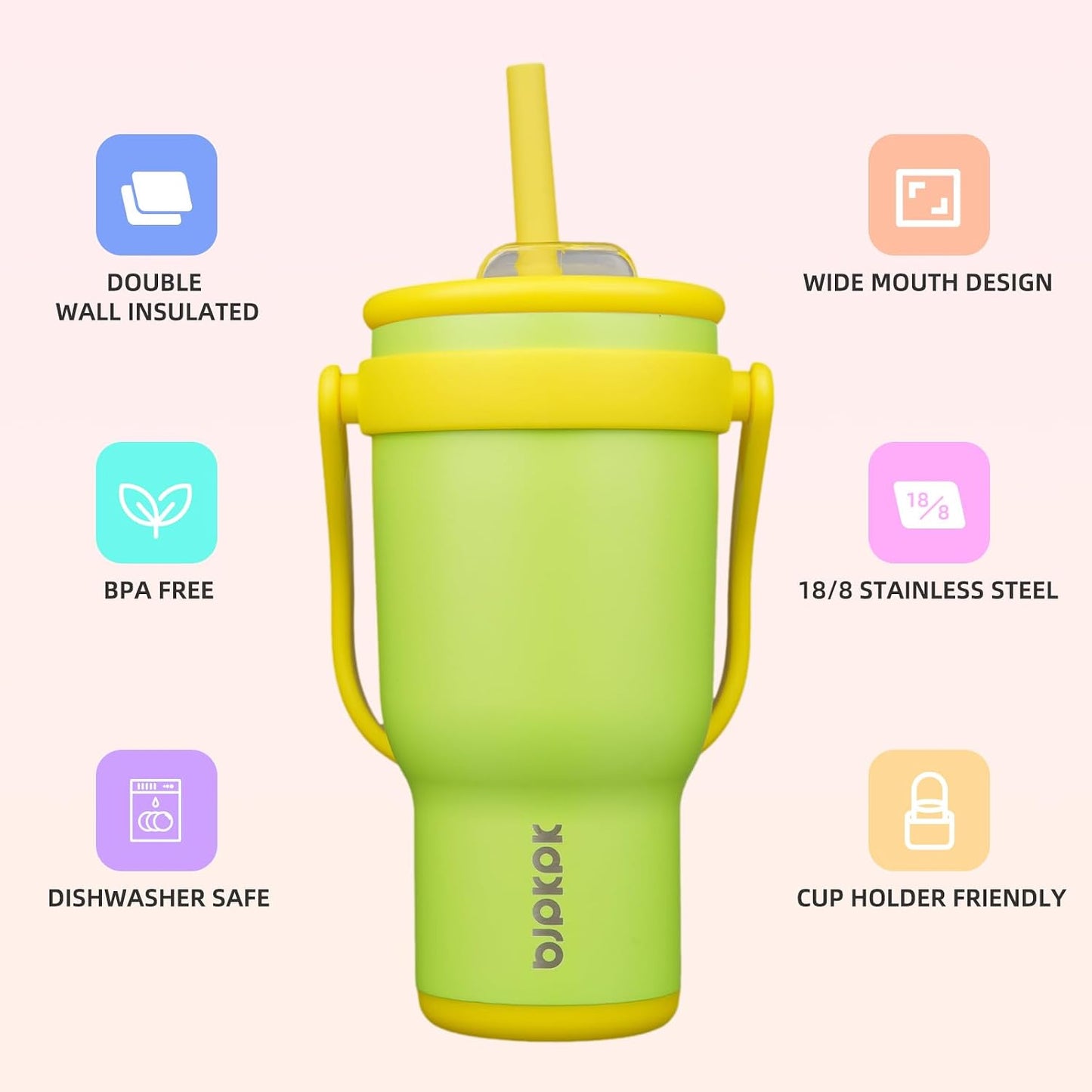 14 oz Insulated Water Bottle with Handle & Straw, Stainless Steel | Double Wall Vacuum, Leak Proof, Sweatproof, Wide Mouth, BPA Free, Dishwasher Safe, Keeps Cold/Hot, Travel, Green