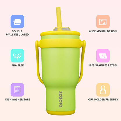 14 oz Insulated Water Bottle with Handle & Straw, Stainless Steel | Double Wall Vacuum, Leak Proof, Sweatproof, Wide Mouth, BPA Free, Dishwasher Safe, Keeps Cold/Hot, Travel, Green