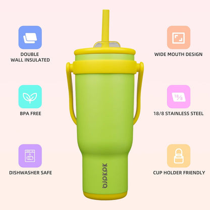 14 oz Insulated Water Bottle with Handle & Straw, Stainless Steel | Double Wall Vacuum, Leak Proof, Sweatproof, Wide Mouth, BPA Free, Dishwasher Safe, Keeps Cold/Hot, Travel, Green