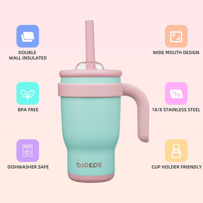 14 oz Insulated Water Bottle with Handle & Straw, Stainless Steel | Double Wall Vacuum, Leak Proof, Sweatproof, Wide Mouth, BPA Free, Dishwasher Safe, Keeps Cold/Hot, Travel, Green