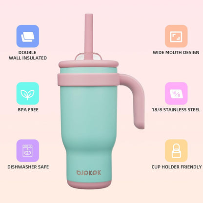 14 oz Insulated Water Bottle with Handle & Straw, Stainless Steel | Double Wall Vacuum, Leak Proof, Sweatproof, Wide Mouth, BPA Free, Dishwasher Safe, Keeps Cold/Hot, Travel, Green
