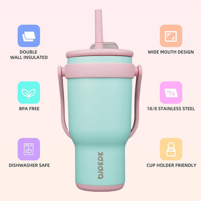 14 oz Insulated Water Bottle with Handle & Straw, Stainless Steel | Double Wall Vacuum, Leak Proof, Sweatproof, Wide Mouth, BPA Free, Dishwasher Safe, Keeps Cold/Hot, Travel, Green