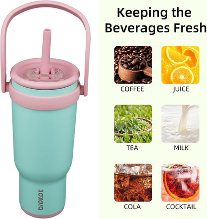 14 oz Insulated Water Bottle with Handle & Straw, Stainless Steel | Double Wall Vacuum, Leak Proof, Sweatproof, Wide Mouth, BPA Free, Dishwasher Safe, Keeps Cold/Hot, Travel, Green