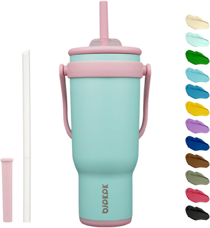 14 oz Insulated Water Bottle with Handle & Straw, Stainless Steel | Double Wall Vacuum, Leak Proof, Sweatproof, Wide Mouth, BPA Free, Dishwasher Safe, Keeps Cold/Hot, Travel, Green