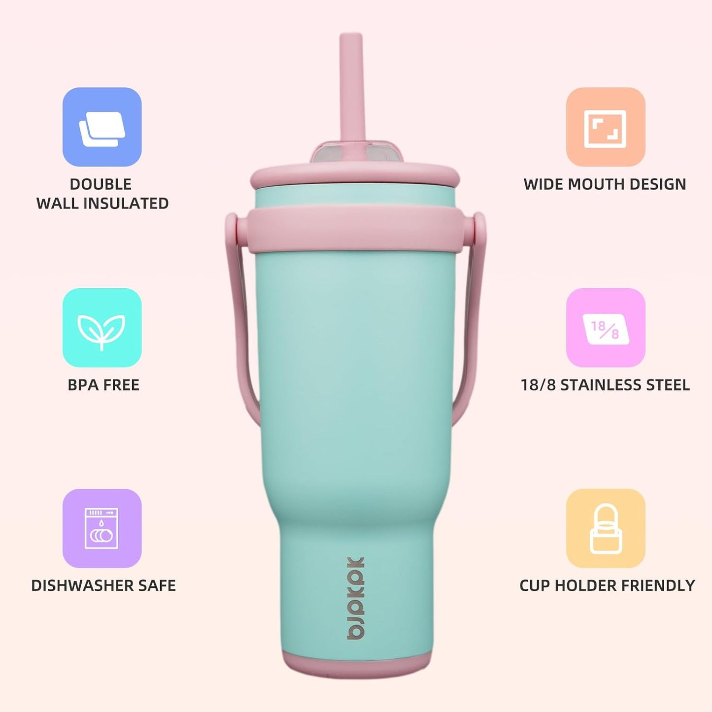 14 oz Insulated Water Bottle with Handle & Straw, Stainless Steel | Double Wall Vacuum, Leak Proof, Sweatproof, Wide Mouth, BPA Free, Dishwasher Safe, Keeps Cold/Hot, Travel, Green
