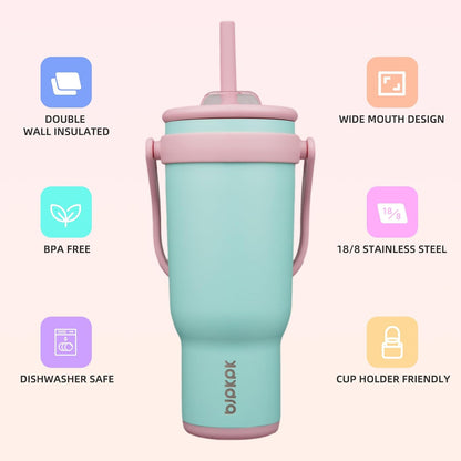 14 oz Insulated Water Bottle with Handle & Straw, Stainless Steel | Double Wall Vacuum, Leak Proof, Sweatproof, Wide Mouth, BPA Free, Dishwasher Safe, Keeps Cold/Hot, Travel, Green