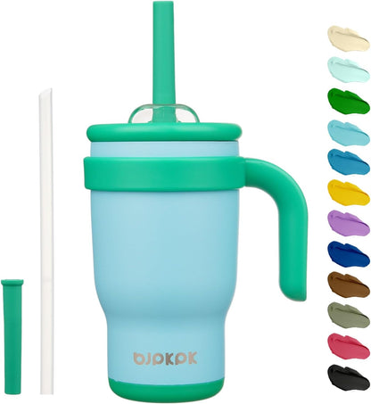 14 oz Insulated Water Bottle with Handle & Straw, Stainless Steel | Double Wall Vacuum, Leak Proof, Sweatproof, Wide Mouth, BPA Free, Dishwasher Safe, Keeps Cold/Hot, Travel, Green