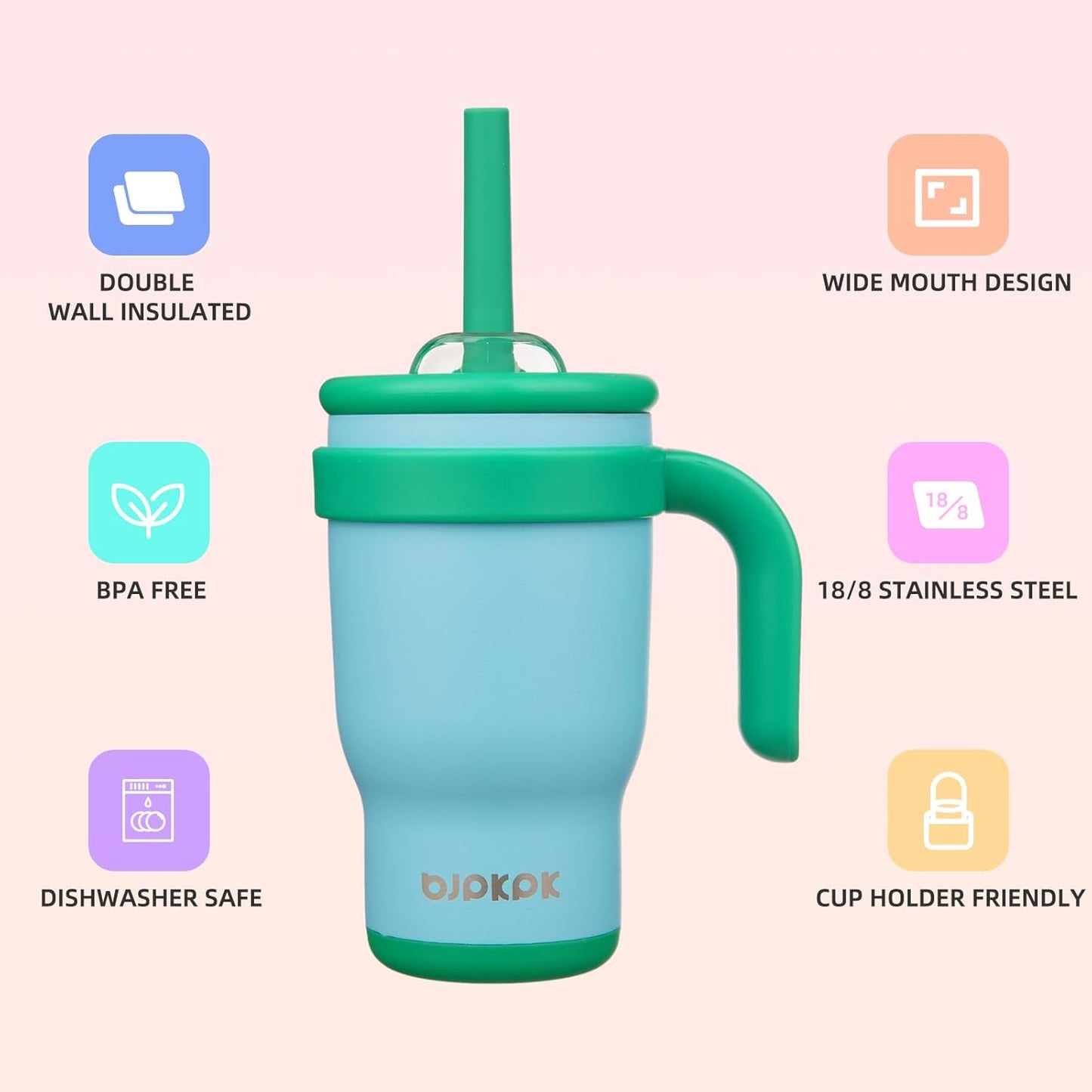 14 oz Insulated Water Bottle with Handle & Straw, Stainless Steel | Double Wall Vacuum, Leak Proof, Sweatproof, Wide Mouth, BPA Free, Dishwasher Safe, Keeps Cold/Hot, Travel, Green