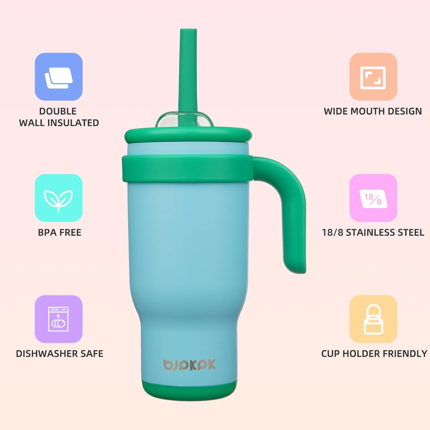 14 oz Insulated Water Bottle with Handle & Straw, Stainless Steel | Double Wall Vacuum, Leak Proof, Sweatproof, Wide Mouth, BPA Free, Dishwasher Safe, Keeps Cold/Hot, Travel, Green