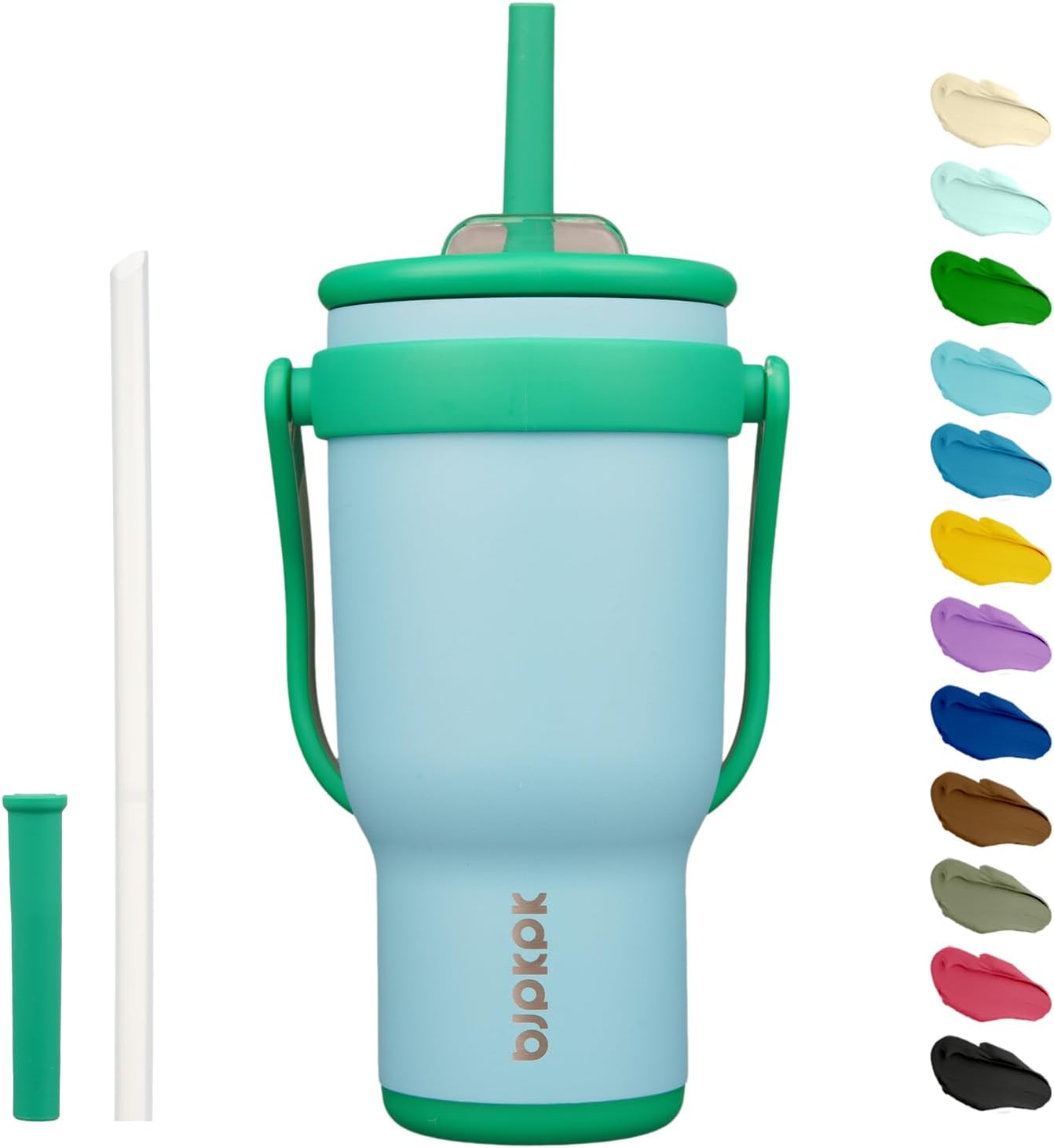 14 oz Insulated Water Bottle with Handle & Straw, Stainless Steel | Double Wall Vacuum, Leak Proof, Sweatproof, Wide Mouth, BPA Free, Dishwasher Safe, Keeps Cold/Hot, Travel, Green