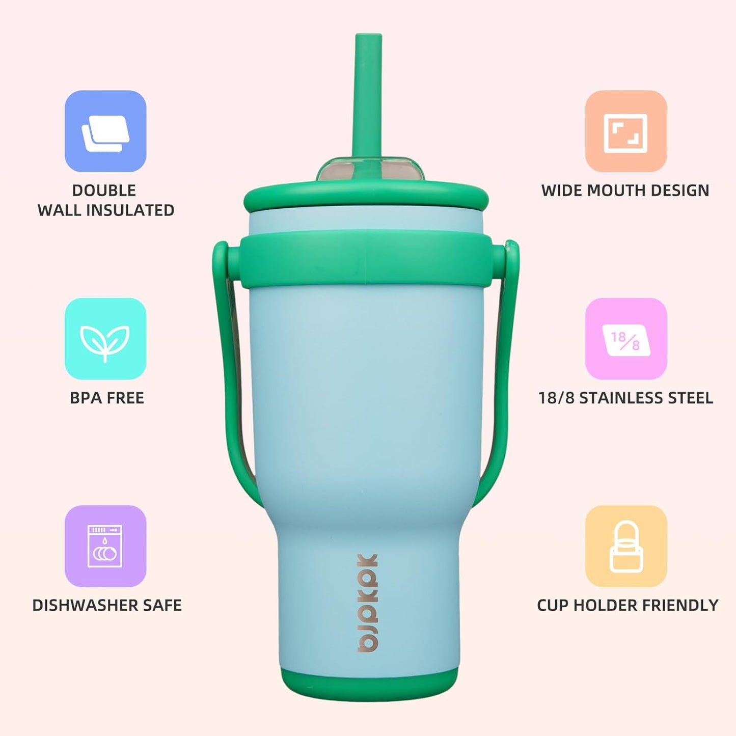 14 oz Insulated Water Bottle with Handle & Straw, Stainless Steel | Double Wall Vacuum, Leak Proof, Sweatproof, Wide Mouth, BPA Free, Dishwasher Safe, Keeps Cold/Hot, Travel, Green