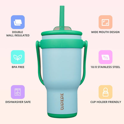 14 oz Insulated Water Bottle with Handle & Straw, Stainless Steel | Double Wall Vacuum, Leak Proof, Sweatproof, Wide Mouth, BPA Free, Dishwasher Safe, Keeps Cold/Hot, Travel, Green