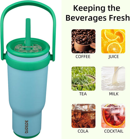 14 oz Insulated Water Bottle with Handle & Straw, Stainless Steel | Double Wall Vacuum, Leak Proof, Sweatproof, Wide Mouth, BPA Free, Dishwasher Safe, Keeps Cold/Hot, Travel, Green
