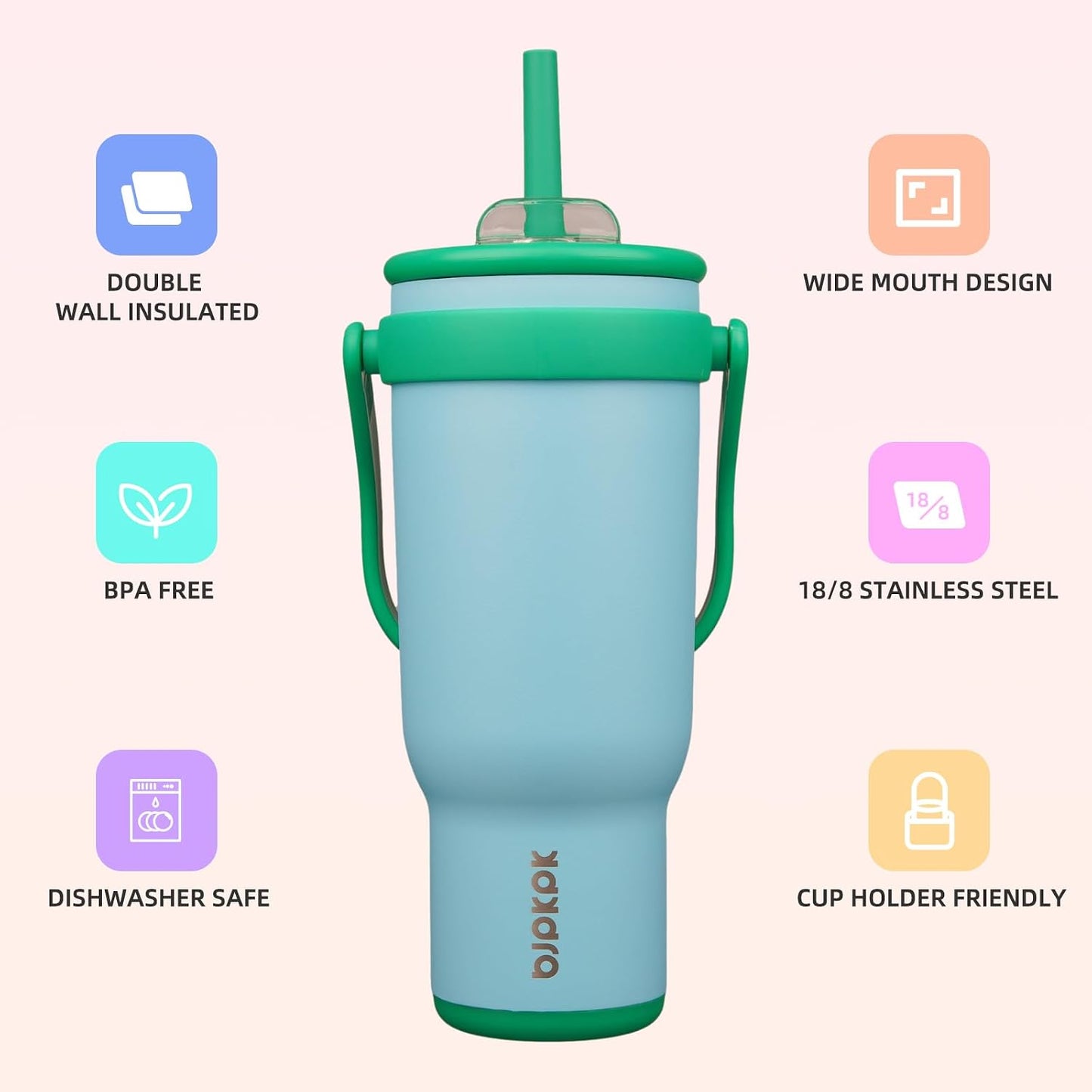 14 oz Insulated Water Bottle with Handle & Straw, Stainless Steel | Double Wall Vacuum, Leak Proof, Sweatproof, Wide Mouth, BPA Free, Dishwasher Safe, Keeps Cold/Hot, Travel, Green